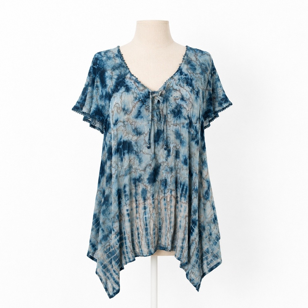 Vintage Y2K Sequin Lace Up Graphic Top Blue Sharkbite Fairy Grunge Boho Punk Emo